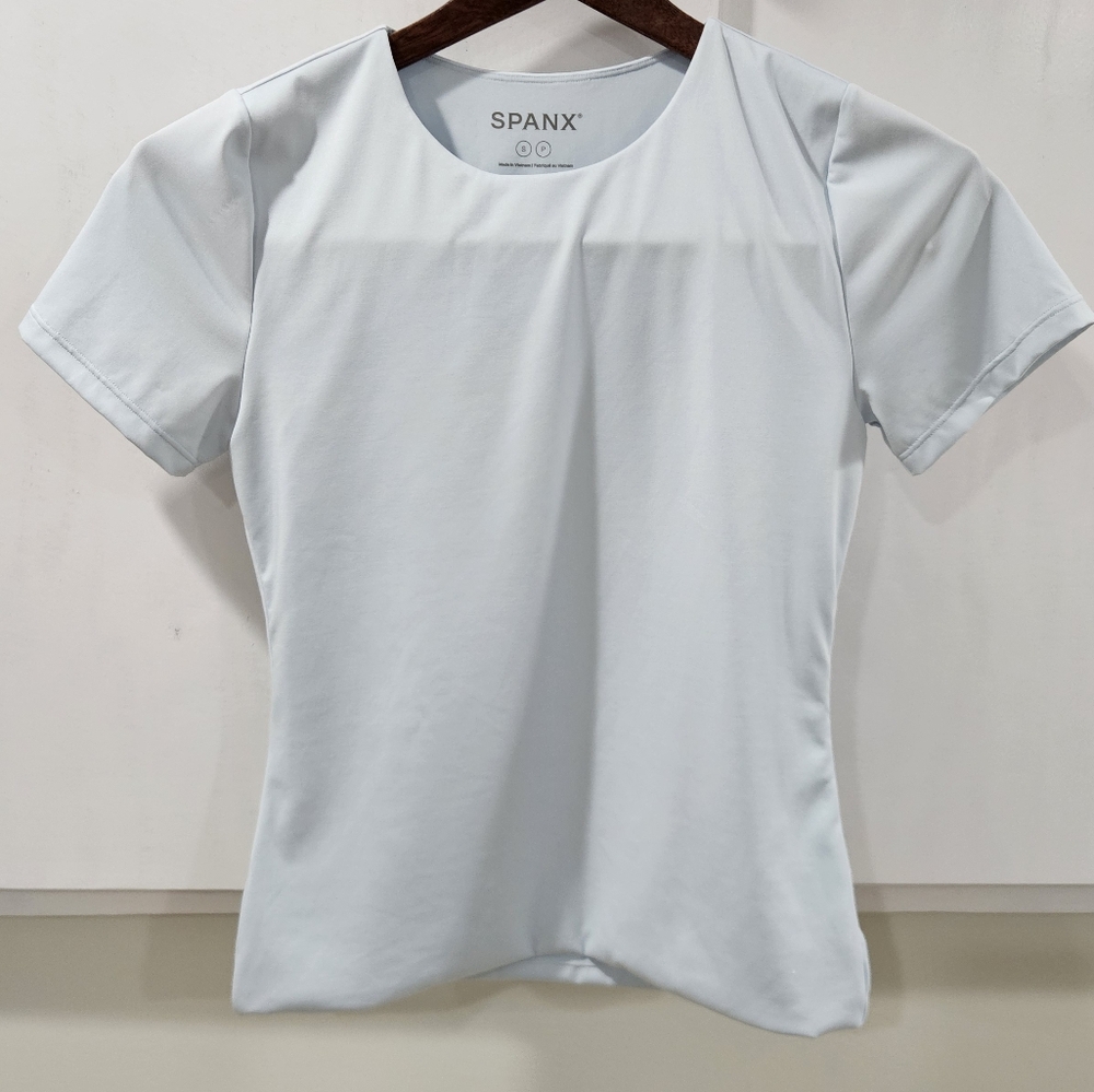 Spanx Womens Top S Smoothing Jersey Crew Tee T-shirt Sky Blue SS Compression